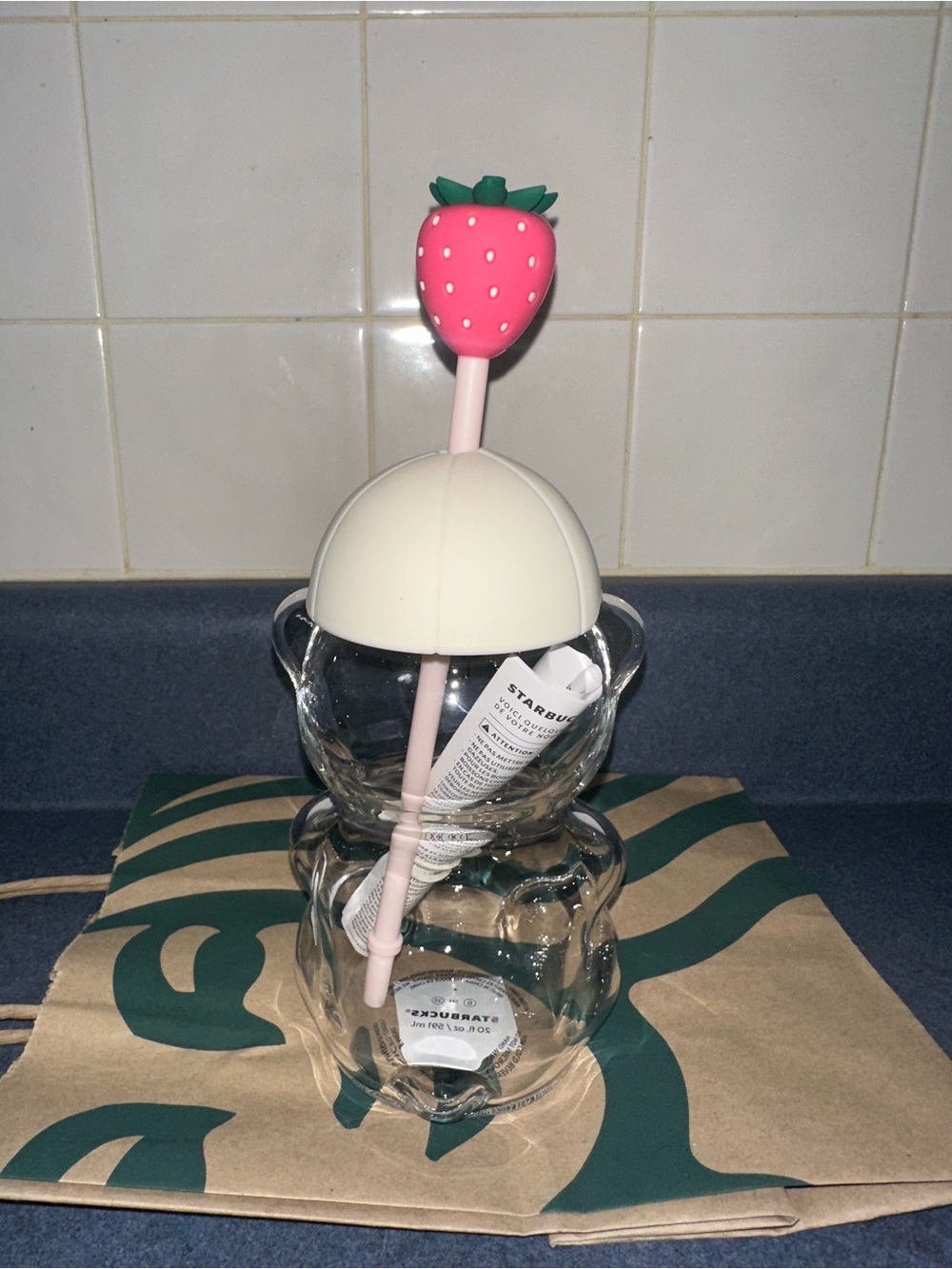 Starbucks Strawberry Bear Glass Cup with Pink Straw and Cap - Picture 3 of 5